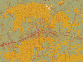 Modern flat map poster of Zlin, Czechia in muted sage base, rust-colored roads, and soft ochre highlights.