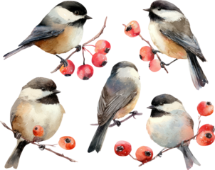 Charming set of watercolor bird chickadee illustration on branch with red berry