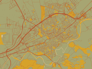 Contemporary flat map of Alcala de Henares, Spain design with earthy sage background with rust roadways and ochre details.