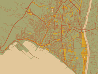 Decorative flat city map of Almeria, Spain using olive backdrop with warm rust street network and ochre blocks.