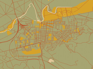 Vector-style flat map of Aranjuez, Spain with earthy sage background with rust roadways and ochre details.