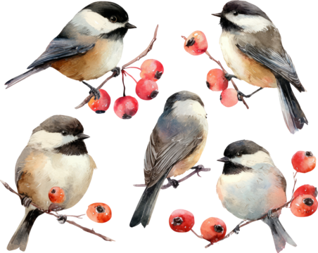 Charming set of watercolor bird chickadee illustration on branch with red berry - Powered by Adobe