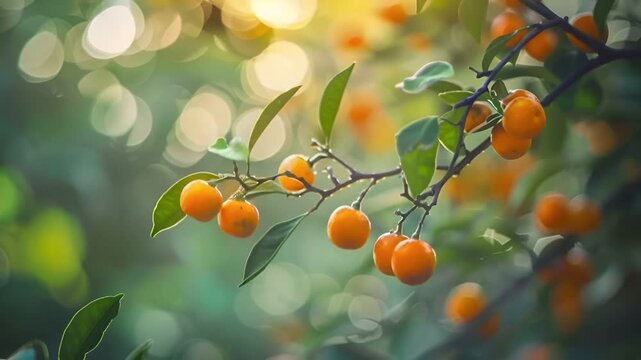 A closeup of a tree branch with ripe kumquats on it, set against a blurred green background with bokeh effects.