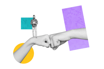 Composite photo collage of happy man hold ereader hand boom gesture fist battle cooperation teamwork isolated on painted background