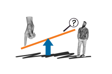 Composite photo collage of happy businessman stand scales comparison hand finger push search question plan isolated on painted background