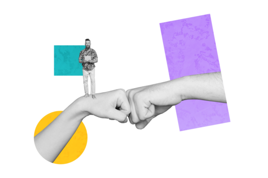 Composite photo collage of happy man hold ereader hand boom gesture fist battle cooperation teamwork isolated on painted background