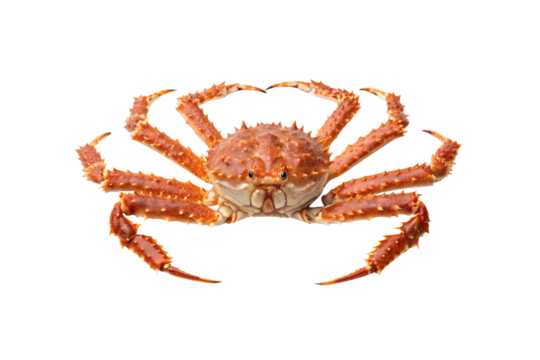 Red king crab front view, spiny carapace, extended legs and claws, orange and white coloring, marine creature, isolated on a transparent background