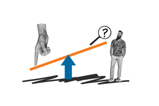Composite photo collage of happy businessman stand scales comparison hand finger push search question plan isolated on painted background - Powered by Adobe