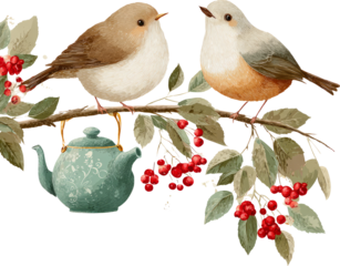 Two lovely watercolor birds on branch with red berry and teapot