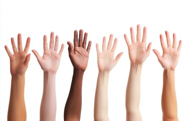 Obraz premium Diverse hands raised high, showcasing unity and inclusion with various skin tones