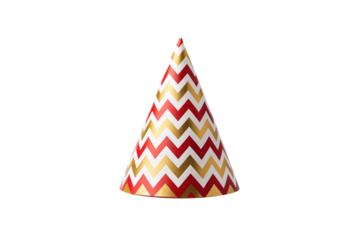 Festive party hat, red and gold chevron stripes, cone shape, white zigzag pattern, celebration headwear, isolated on a transparent background