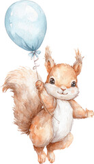 Fototapeta premium Cute happy squirrel holding blue balloon. Watercolor animal character