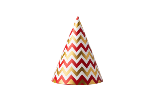 Festive party hat, red and gold chevron stripes, cone shape, white zigzag pattern, celebration headwear, isolated on a transparent background