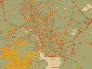 Contemporary flat map of Cartagena, Spain design with olive backdrop with warm rust street network and ochre blocks.