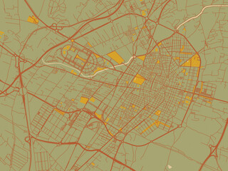Stylized minimalist map of Castellon de la Plana, Spain in muted sage base, rust-colored roads, and soft ochre highlights.