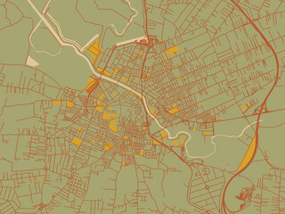 Obraz premium Graphic flat color map of Chiclana de la Frontera, Spain in earthy sage background with rust roadways and ochre details.