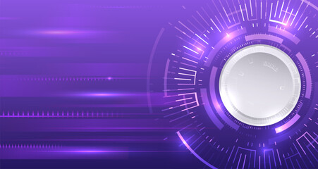 Futuristic purple technology background with glowing circular interface, digital lines, and light effects. Modern tech design for data, innovation, and digital communication.