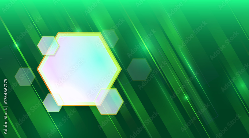 Wall mural futuristic green abstract background with glowing hexagons and diagonal light lines. modern tech des