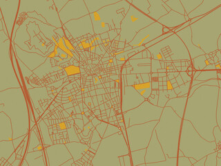 Contemporary flat map of Figueres, Spain design with sage/olive tone field with rust networks and ochre shapes, cream water.