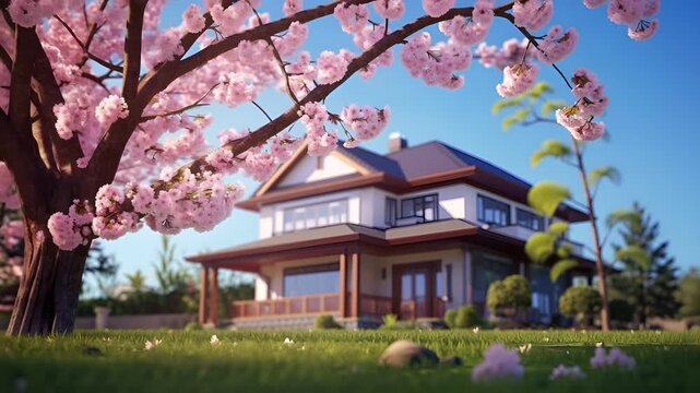 A vivid, highresolution digital rendering of a modern twostory house with a balcony and a balcony railing, set against a backdrop of a clear blue sky. The house is surrounded by lush greenery.