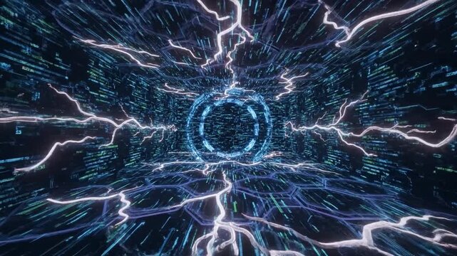 Futuristic Digital Tunnel Glowing Lines and Binary Code Create Electric Movement and Speed, Evoking Technology and Innovation in Vibrant Atmosphere of Dynamic Depth
