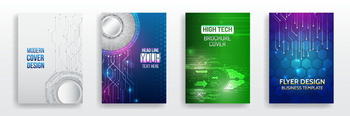 Set of modern high-tech brochure and flyer cover designs with futuristic digital circuit patterns and glowing effects in blue, green, and gray tones. Perfect for business and technology themes.