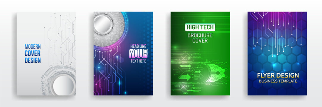 Set of modern high-tech brochure and flyer cover designs with futuristic digital circuit patterns and glowing effects in blue, green, and gray tones. Perfect for business and technology themes.