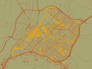 Fototapeta premium Poster-ready flat map of Guadalajara, Spain, sage/olive tone field with rust networks and ochre shapes, cream water.