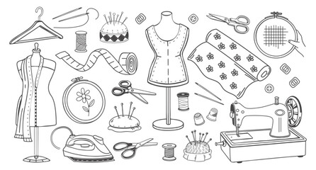 Obraz premium Hand drawn sewing set. Collection of tools for sewing and tailoring. Sewing mannequin, machine, cutting accessories 
