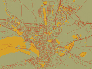 Abstract flat-design map of Jaen, Spain, featuring sage/olive tone field with rust networks and ochre shapes, cream water.
