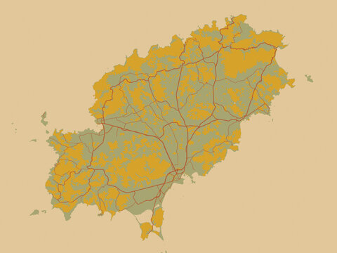 Modern flat map poster of Ibiza, Spain in sage green ground with rust-red roads and ochre accents.