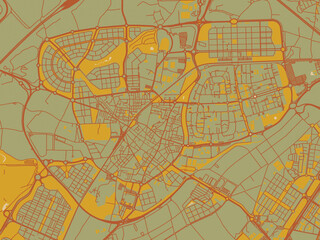 Fototapeta premium Stylized minimalist map of Leganes, Spain in sage/olive tone field with rust networks and ochre shapes, cream water.