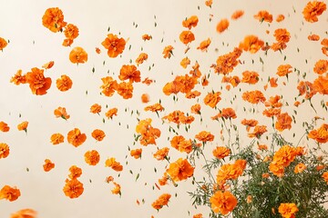 Millions of bright orange marigolds cascading from above in a soft, endless fall, petals swirling mid-air against a neutral beige background, creating a vibrant floral rain effect 