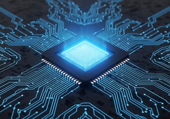 Glowing blue computer processor chip on a dark background with intricate circuit board pathways, representing technology and data flow