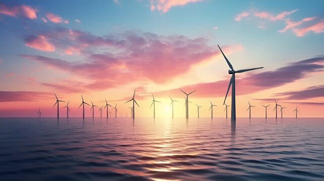 A vivid portrayal of a serene sunset over a calm sea, with a silhouette of a windmill in the foreground. The sky is painted in hues of pink, orange, and blue.