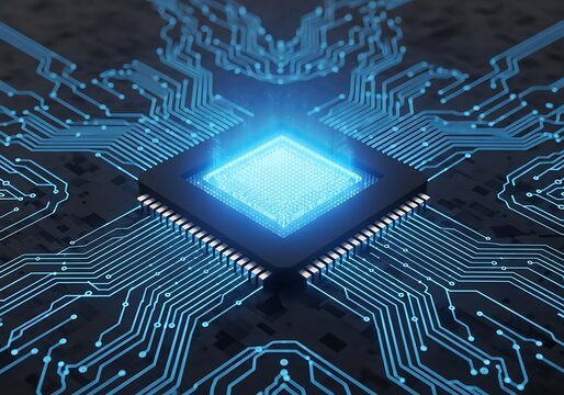 Glowing blue computer processor chip on a dark background with intricate circuit board pathways, representing technology and data flow