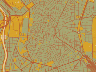 Stylized minimalist map of Madrid Centro, Spain in muted sage base, rust-colored roads, and soft ochre highlights.