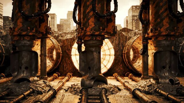 Futuristic underground drilling machine cityscape with industrial equipment and city skyline background, tunnel construction