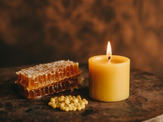 Cozy and natural shot of a lit handmade beeswax candle with fresh honeycomb and wax pellets on a rustic wooden table, creating a warm, moody ambiance.

