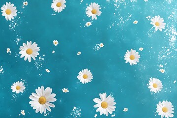 Obraz premium Millions of white daisies raining from a flat aqua background in a stylized 2D art look, with uniform spacing and bold outlines, giving the scene a playful graphic feel 