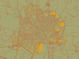 Vector-style flat map of Motril, Spain with olive backdrop with warm rust street network and ochre blocks.