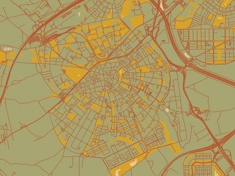 Flat painterly map of Mostoles, Spain in sage/olive tone field with rust networks and ochre shapes, cream water.