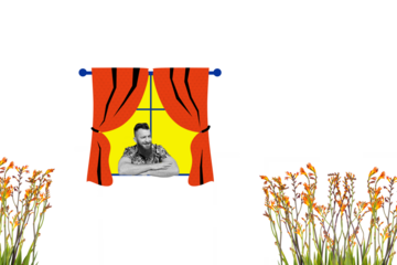 Creative collage picture young man home indoors window curtains environment look watch blossom flowers summertime nature drawing background