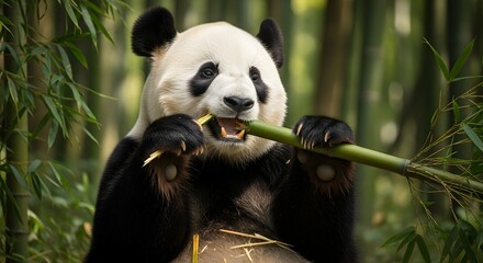 Obraz premium Giant panda eating bamboo shoots in the forest wildlife animal conservation endangered species adorable bear nature