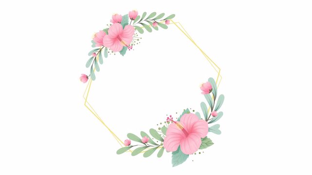 Floral gold geometric frame with pink hibiscus leaves  elegant design suitable for wedding invitations, stationery, and branding projects.