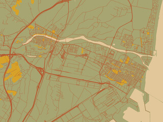 Stylized minimalist map of Sagunto, Spain in olive backdrop with warm rust street network and ochre blocks.