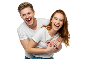 Happy couple laughing together, a symbol of joy and love captured in a studio portrait