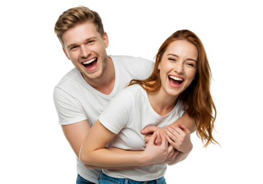 Happy couple laughing together, a symbol of joy and love captured in a studio portrait