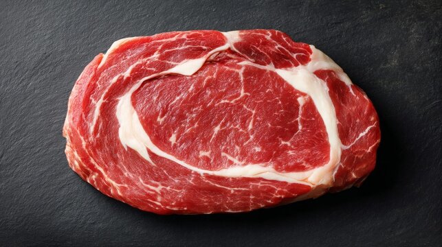 Fresh raw beef with intricate marbling rests on a dark stone surface. The vibrant colors and texture highlight its quality, inviting culinary creativity for grilling or roasting