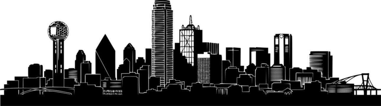 
Dallas skyline silhouette. This image features a black silhouette of Dallas city skyline, highlighting its iconic architecture, skyscrapers, and urban landscape. Vector clipart illustration design